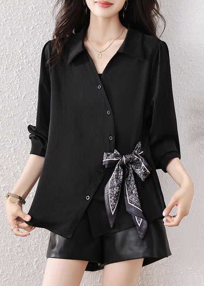 Boutique Black Scarf Tie Waist Cotton Shirts Fall
