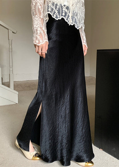 Boutique Black Side Open High Waist Silk Maxi Skirts Fall