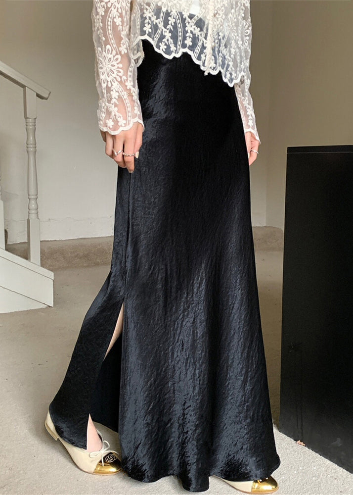 Boutique Black Side Open High Waist Silk Maxi Skirts Fall