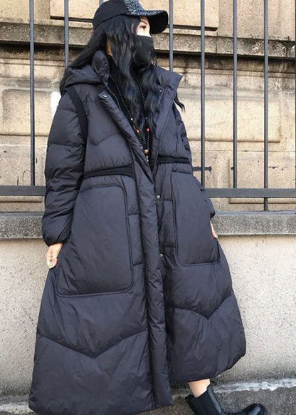 Boutique Black Stand Collar Hooded Drawstring Pockets Cotton Blend Cinch Coats Winter