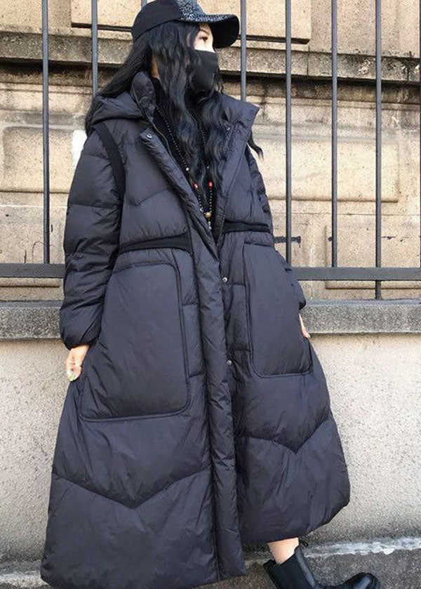 Boutique Black Stand Collar Hooded Drawstring Pockets Cotton Blend Cinch Coats Winter