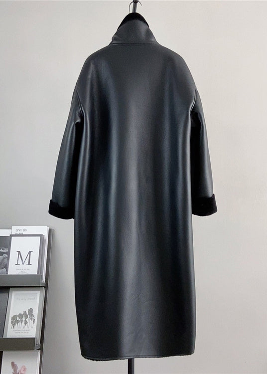 Boutique Black Stand Collar Leather and Fur Warm Coat Winter
