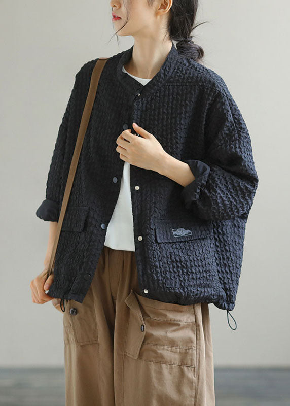 Boutique Black Stand Collar Pockets Button Drawstring Fall Coats Long Sleeve
