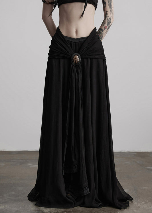Boutique Black Tasseled Patchwork Exra Large Hem Silk Skirts Spring