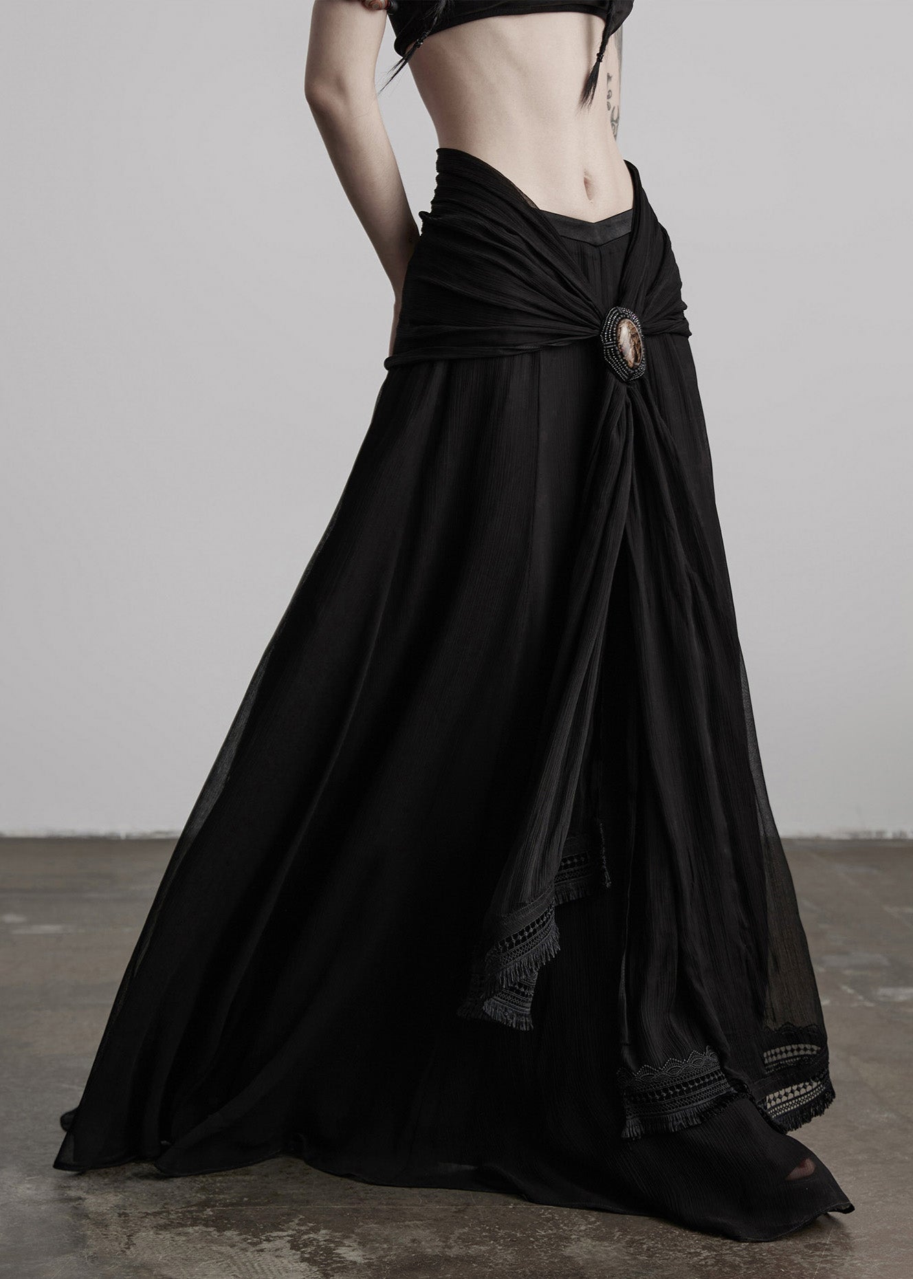 Boutique Black Tasseled Patchwork Exra Large Hem Silk Skirts Spring