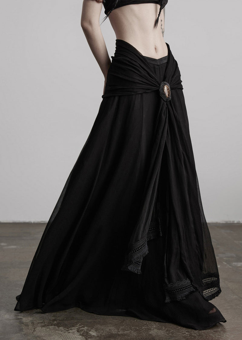 Boutique Black Tasseled Patchwork Exra Large Hem Silk Skirts Spring