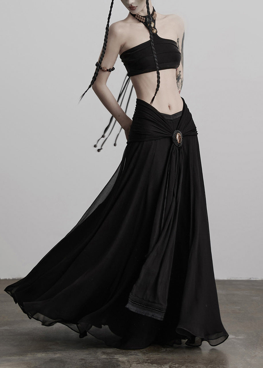Boutique Black Tasseled Patchwork Exra Large Hem Silk Skirts Spring