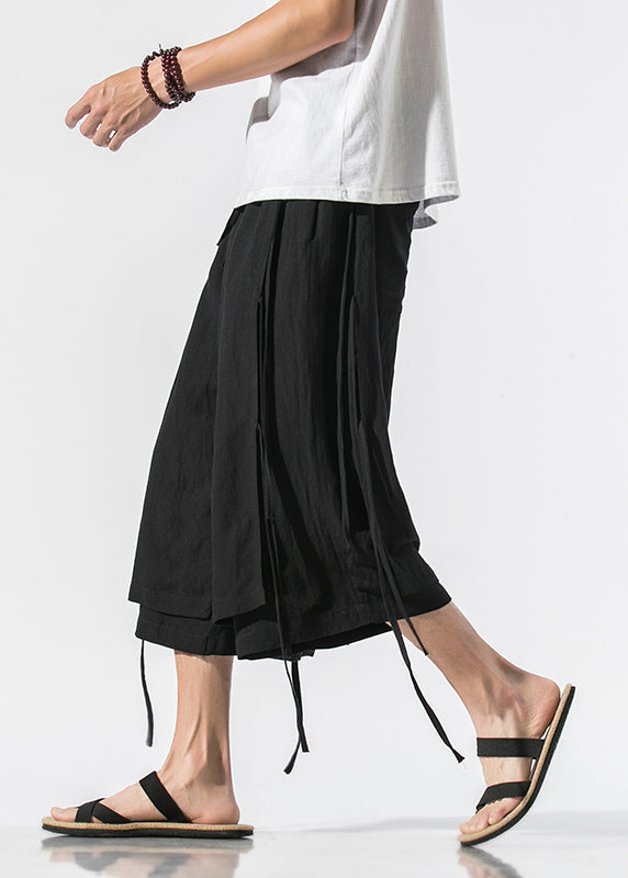 Boutique Black Tie Waist Tassel Wide Leg Pants
