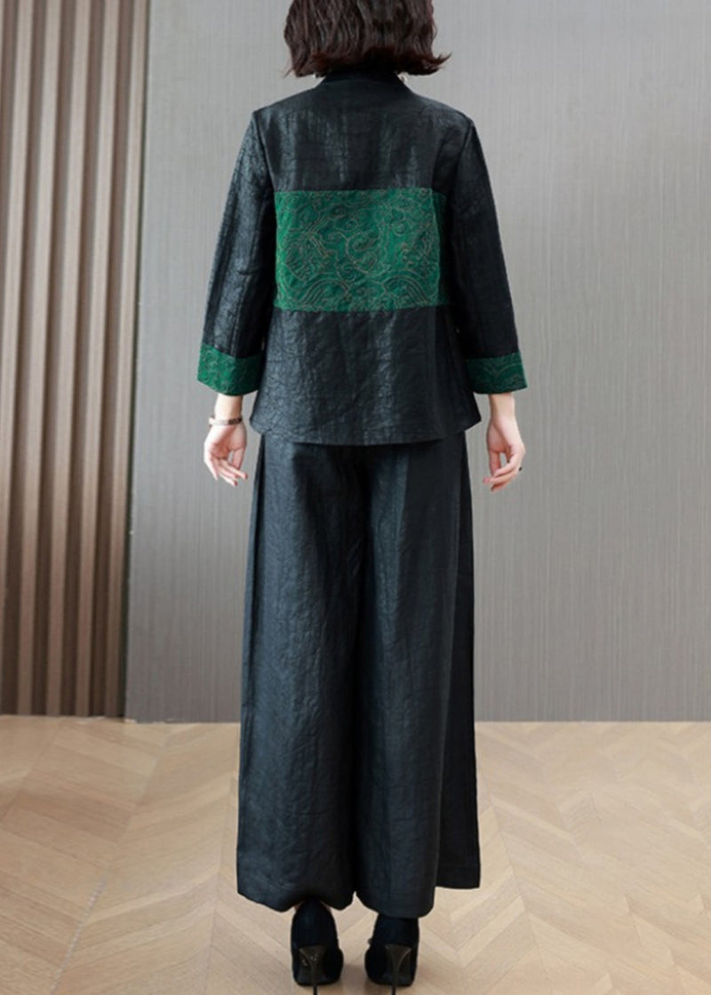 Boutique Black Tops and Wide Leg Pants Silk Two Piece Suit Set Spring