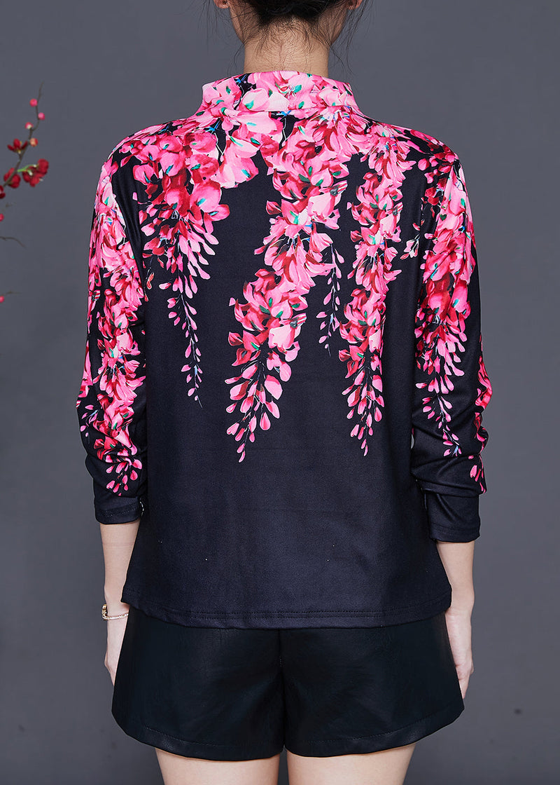 Boutique Black Turtle Neck Print Cotton Blouses Spring