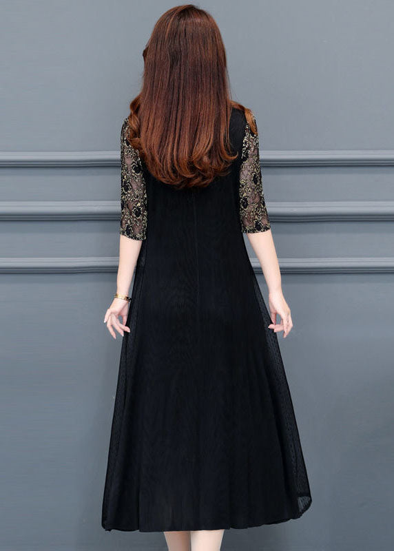 Boutique Black V Neck Lace Patchwork Silk a Line Dresses Half Sleeve
