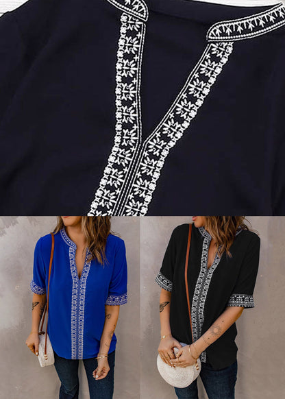 Boutique Black V Neck Patchwork Top Short Sleeve
