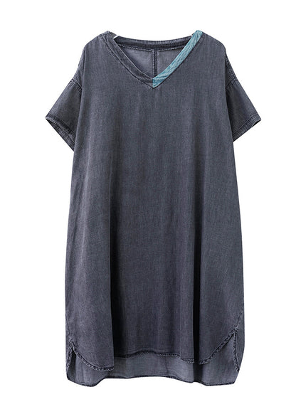 Boutique Black V Neck Patchwork Low High Design Denim Dresses Short Sleeve