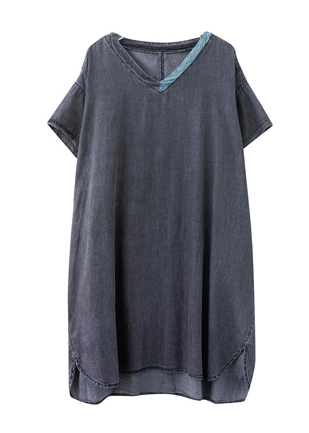 Boutique Black V Neck Patchwork Low High Design Denim Dresses Short Sleeve