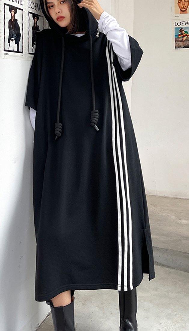 Boutique Black Hooded Cotton Side Open Summer Dresses