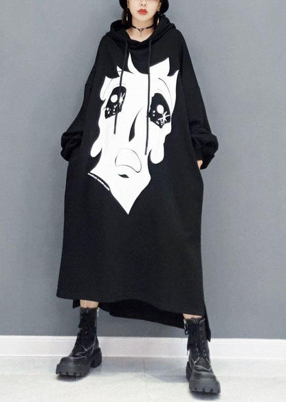Boutique Black Hooded Print Side Open Long Dress Fall Long Sleeve