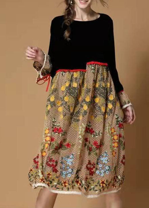 Boutique Black Yellow Flower Print Patchwork Velour Dresses Winter