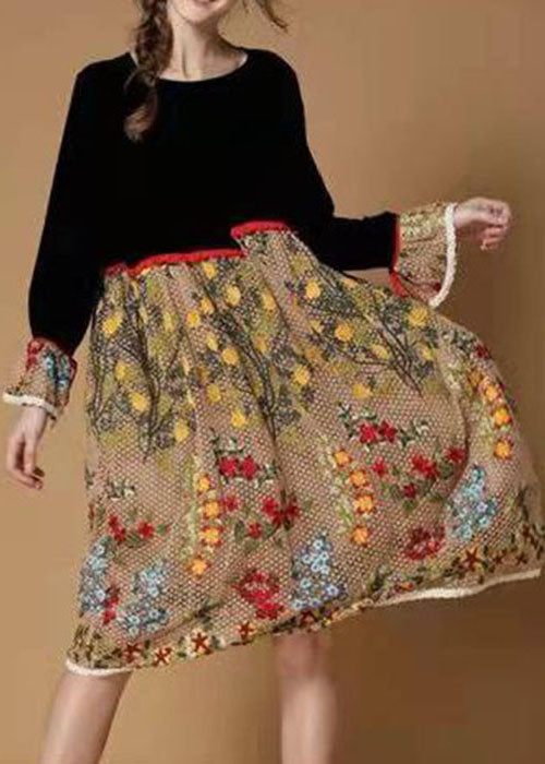 Boutique Black Yellow Flower Print Patchwork Velour Dresses Winter
