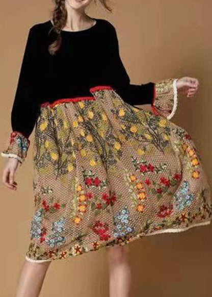 Boutique Black Yellow Flower Print Patchwork Velour Dresses Winter