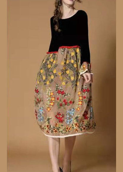 Boutique Black Yellow Flower Print Patchwork Velour Dresses Winter
