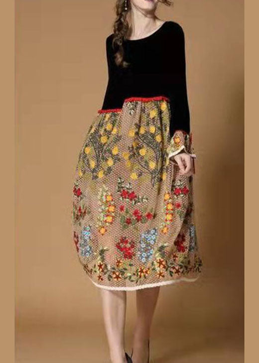 Boutique Black Yellow Flower Print Patchwork Velour Dresses Winter