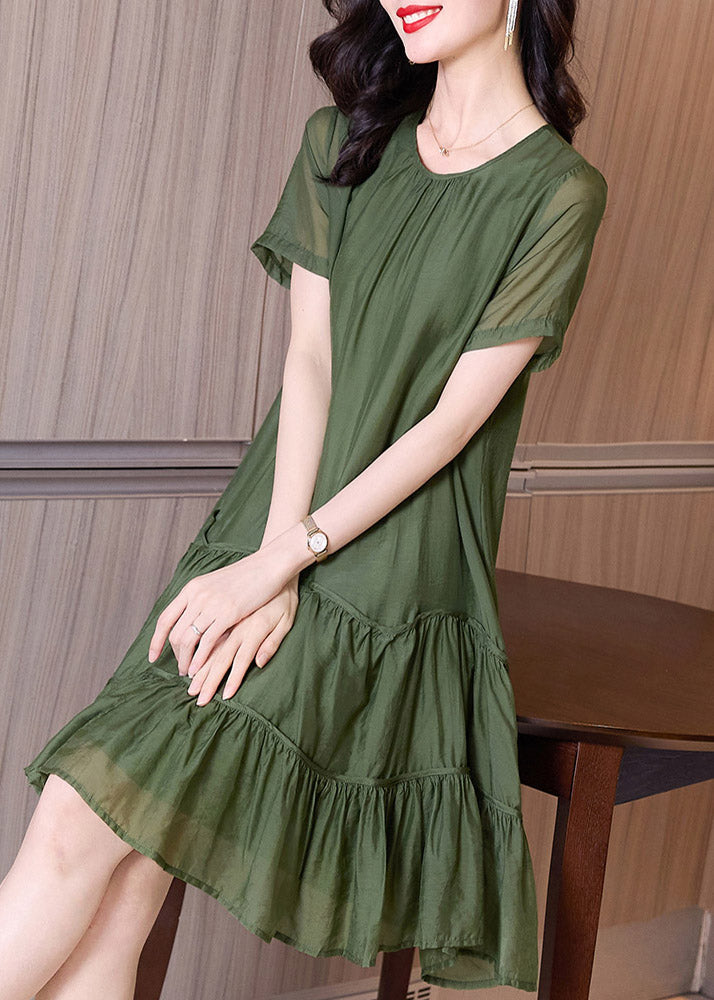 Boutique Blackish Green O-neck Ruffles Cinched Vacation Dresses Short Sleeve