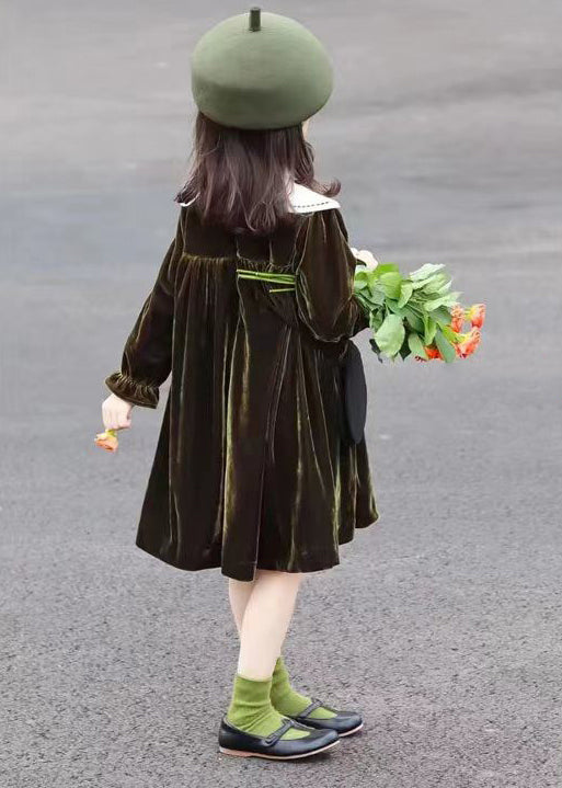 Boutique Blackish Green Wrinkled Patchwork Velour Baby Dress Fall