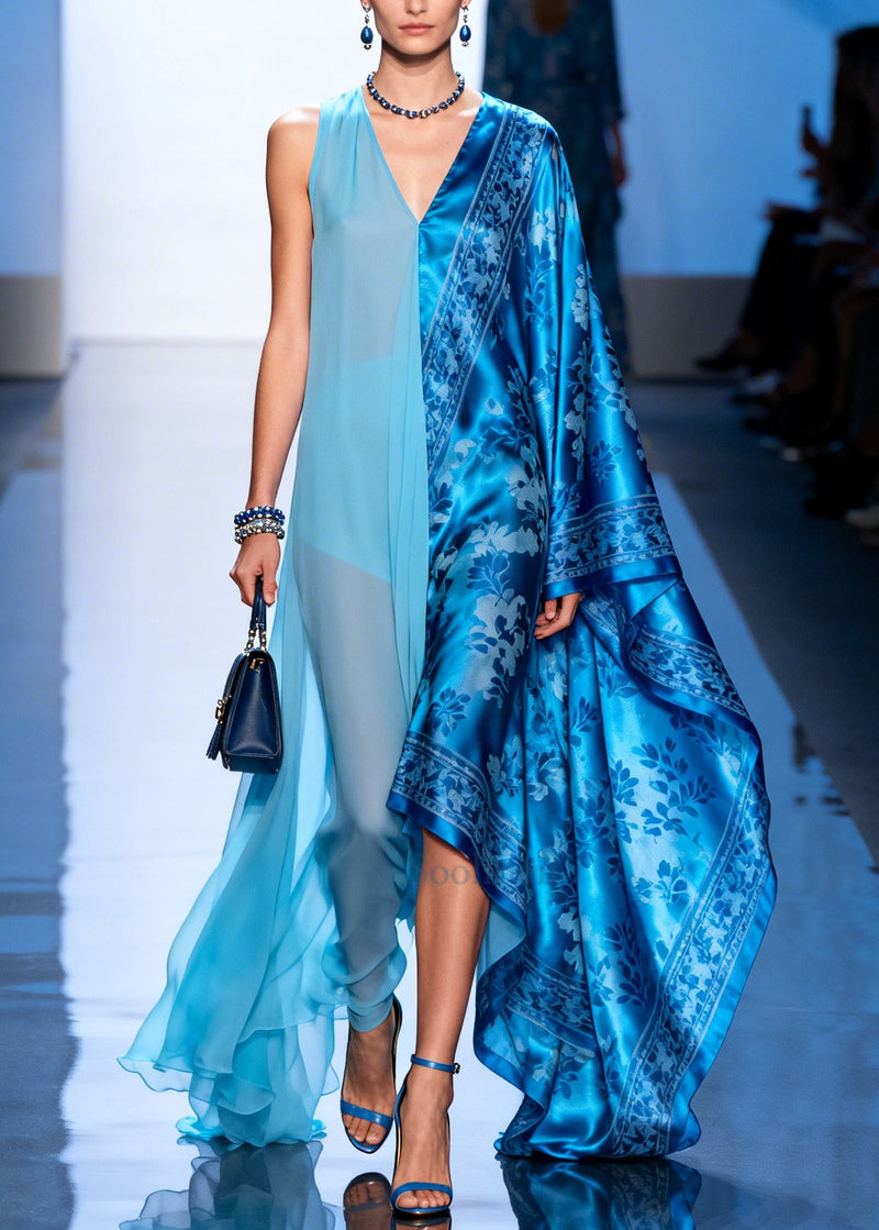 Boutique Blue Asymmetrical Patchwork Exra Large Hem Silk Dresses Summer