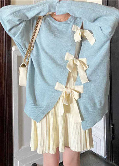 Boutique Blue Bow Patchwork Fall Knit Sweaters