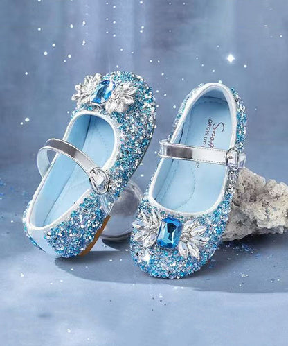 Boutique Blue Buckle Strap Kids Zircon Princess Shoes