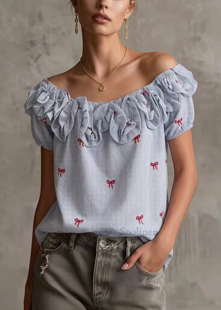 Boutique Blue Cold Shoulder Butterfly Cotton Tops Summer