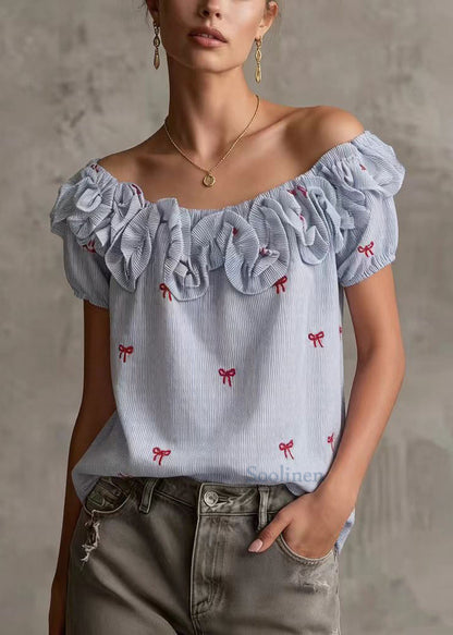 Boutique Blue Cold Shoulder Butterfly Cotton Tops Summer