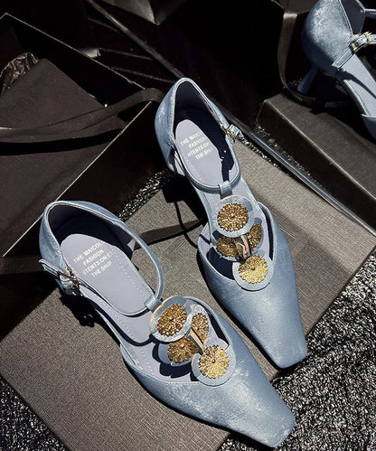 Boutique Blue Cowhide Leather High Heels Splicing
