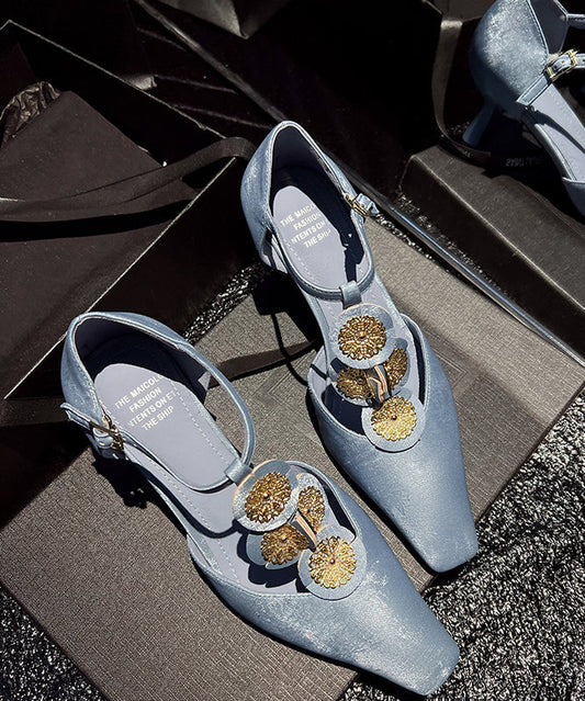 Boutique Blue Cowhide Leather High Heels Splicing