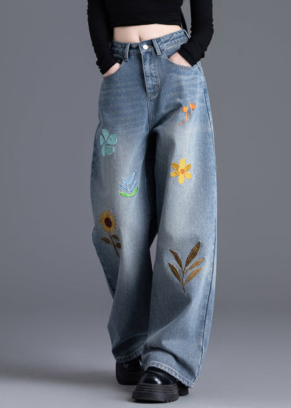 Boutique Blue Embroidered Denim Straight Pants Spring