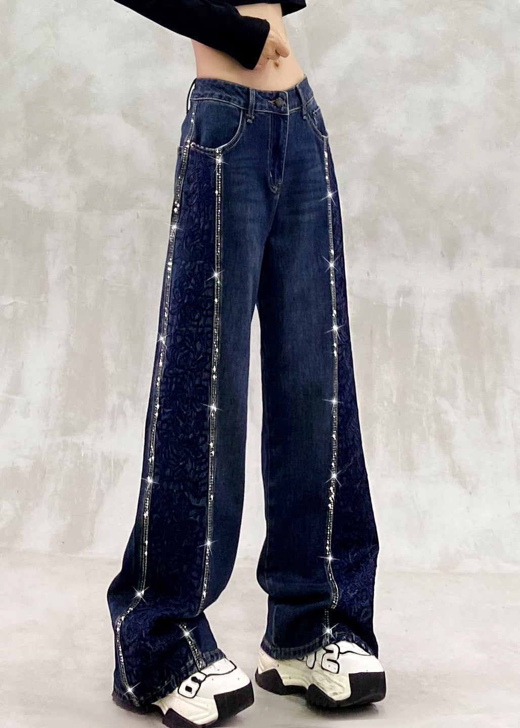 Boutique Blue Embroidered Zircon Patchwork Denim Pants Spring