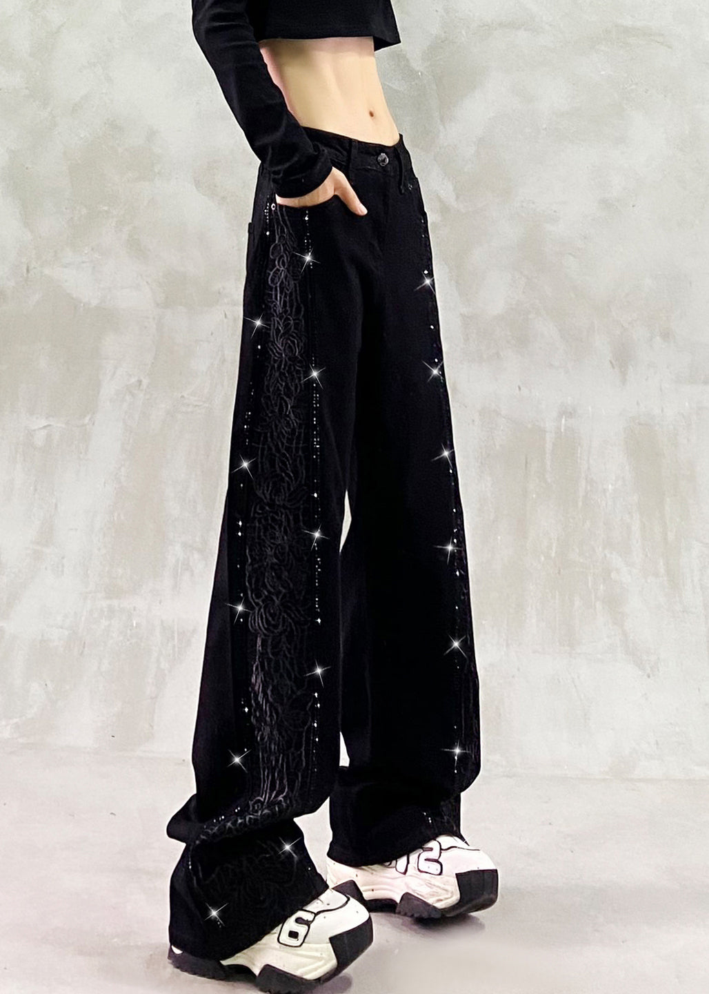 Boutique Blue Embroidered Zircon Patchwork Denim Pants Spring