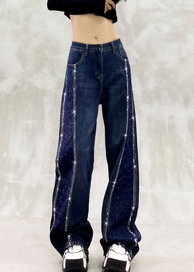 Boutique Blue Embroidered Zircon Patchwork Denim Pants Spring