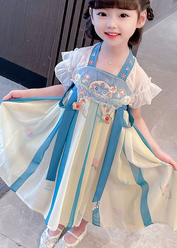 Boutique Blue Embroideried Cats Patchwork Chiffon Baby Dresses Summer