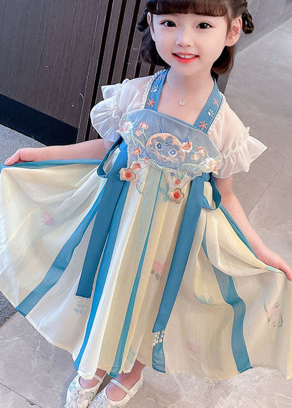 Boutique Blue Embroideried Cats Patchwork Chiffon Baby Dresses Summer