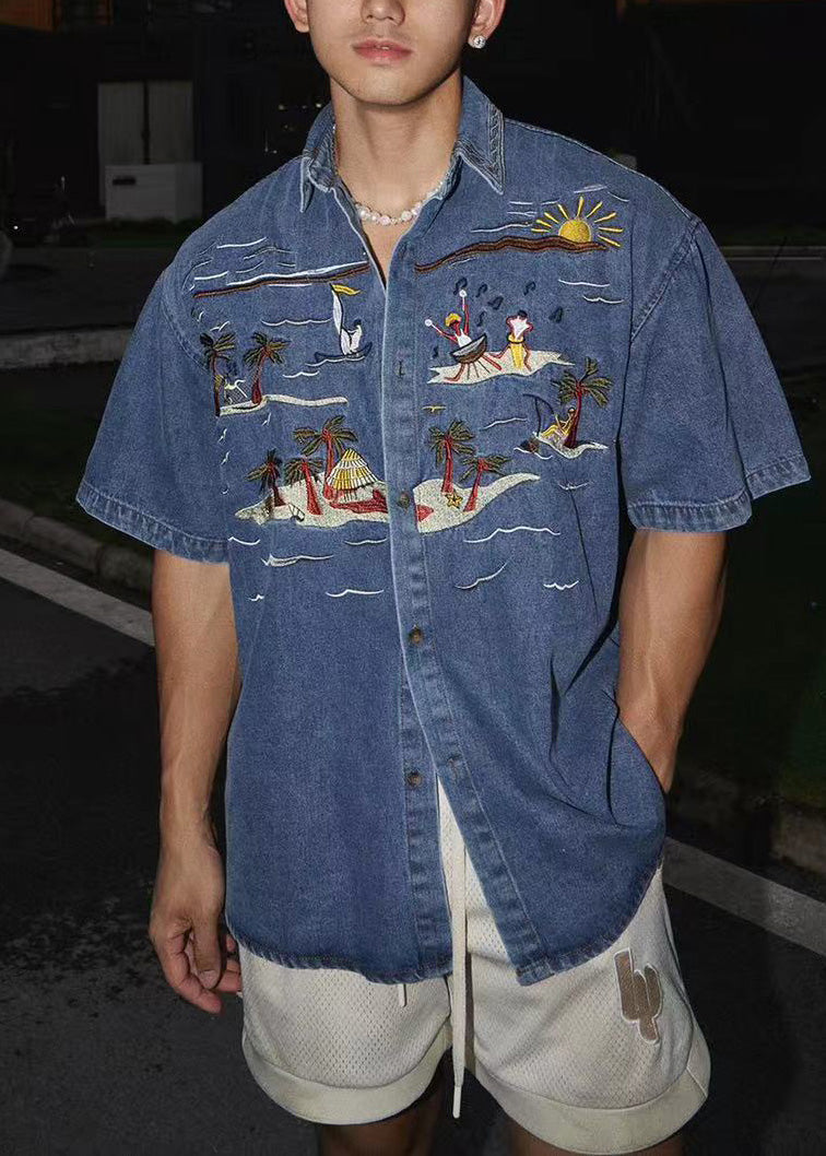 Boutique Blue Embroideried Denim Shirts Summer