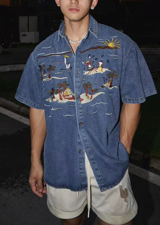 Boutique Blue Embroideried Denim Shirts Summer