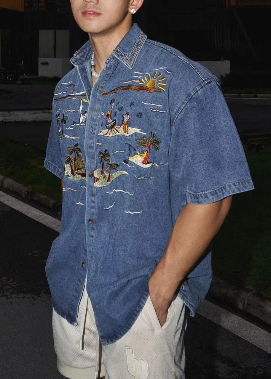 Boutique Blue Embroideried Denim Shirts Summer