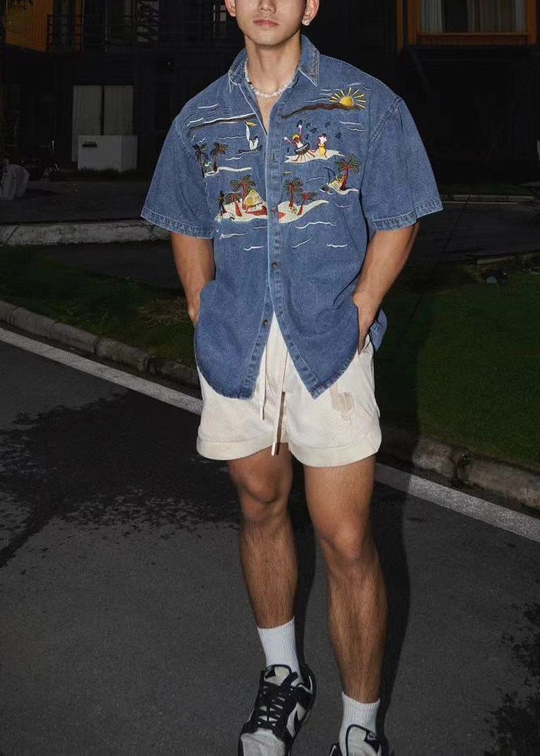 Boutique Blue Embroideried Denim Shirts Summer