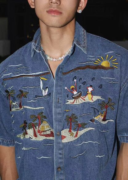 Boutique Blue Embroideried Denim Shirts Summer