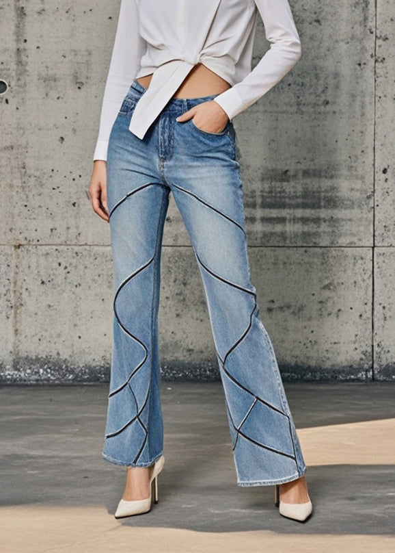 Boutique Blue High Waist Striped Denim Flared Pants Spring