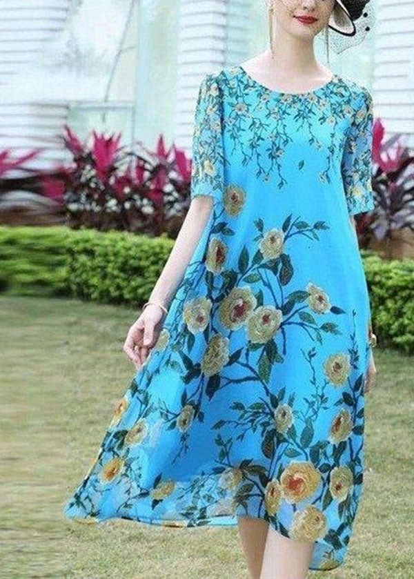 Boutique Blue O-neck Print Exra Large Hem Silk Dress Short Sleeve