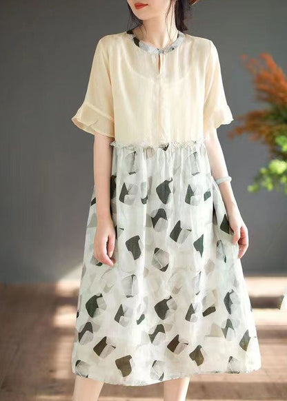 Boutique Blue O-neck Ruffled Print Patchwork Linen Dress Summer