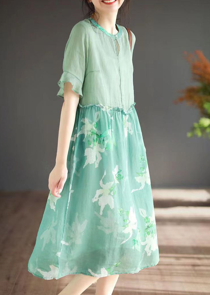 Boutique Blue O-neck Ruffled Print Patchwork Linen Dress Summer