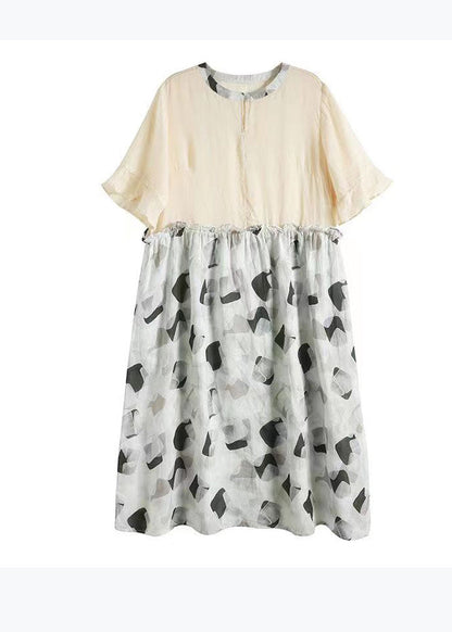 Boutique Blue O-neck Ruffled Print Patchwork Linen Dress Summer